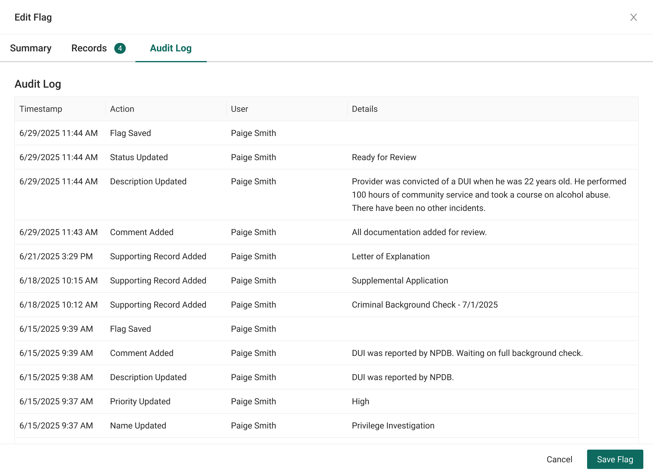 The Edit Flag drawer, Audit Log tab. A timestamped table of every action on the flag: status changes, description updates, comments, and supporting records added, each attributed to a user.