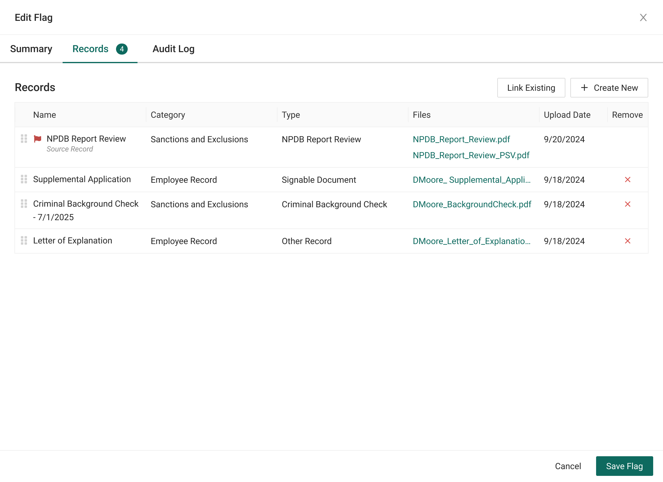 The Edit Flag drawer, Records tab. Four linked records including the source NPDB report, a supplemental application, a criminal background check, and a letter of explanation, each with category, type, files, and upload date.