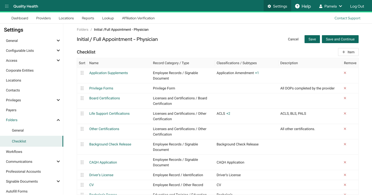 The folder template configuration screen in Settings. Each checklist item maps to a record category and type, and where categories and types are shared, a classification narrows the match: Application Amendment for application supplements, ACLS plus two more for life support certifications, Background Check Release for signable documents.